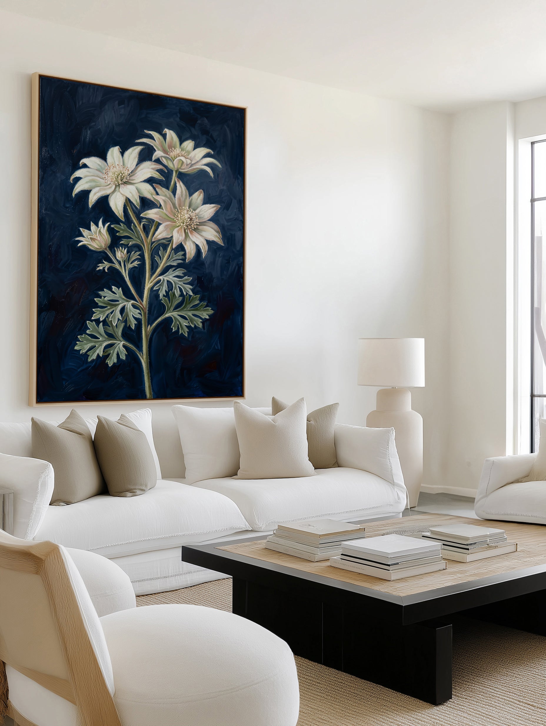 Flannel Flower On Navy Botanicals Study | Framed Canvas Art Print