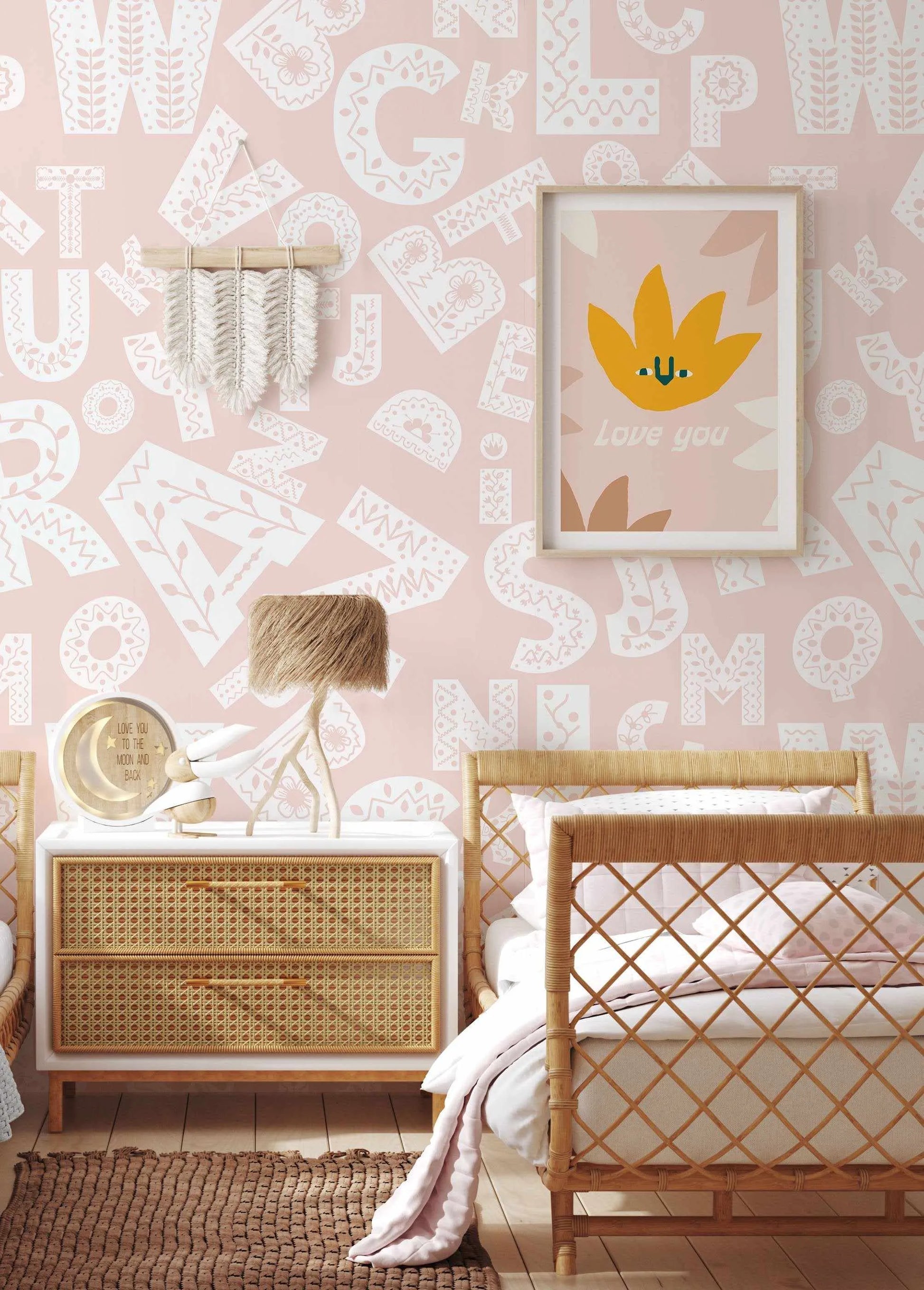 Fleur Alphabet Blush Wallpaper-Wallpaper-Buy Kids Removable Wallpaper Online Our Custom Made Children√¢‚Ç¨‚Ñ¢s Wallpapers Are A Fun Way To Decorate And Enhance Boys Bedroom Decor And Girls Bedrooms They Are An Amazing Addition To Your Kids Bedroom Walls Our Collection of Kids Wallpaper Is Sure To Transform Your Kids Rooms Interior Style From Pink Wallpaper To Dinosaur Wallpaper Even Marble Wallpapers For Teen Boys Shop Peel And Stick Wallpaper Online Today With Olive et Oriel
