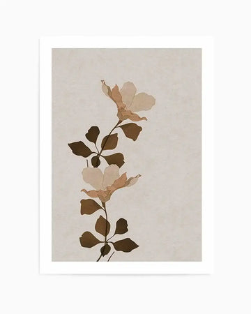 Fleur Graphique I art print featuring a minimalist botanical illustration on cream background. Single stem with alternating dark olive and warm brown leaves arranged vertically, with two delicate pale cream and tan flower blooms positioned at top and middle sections. Watercolor or ink wash style with soft, muted earth tones. Print displayed with white border, mounted on beige linen-textured paper.