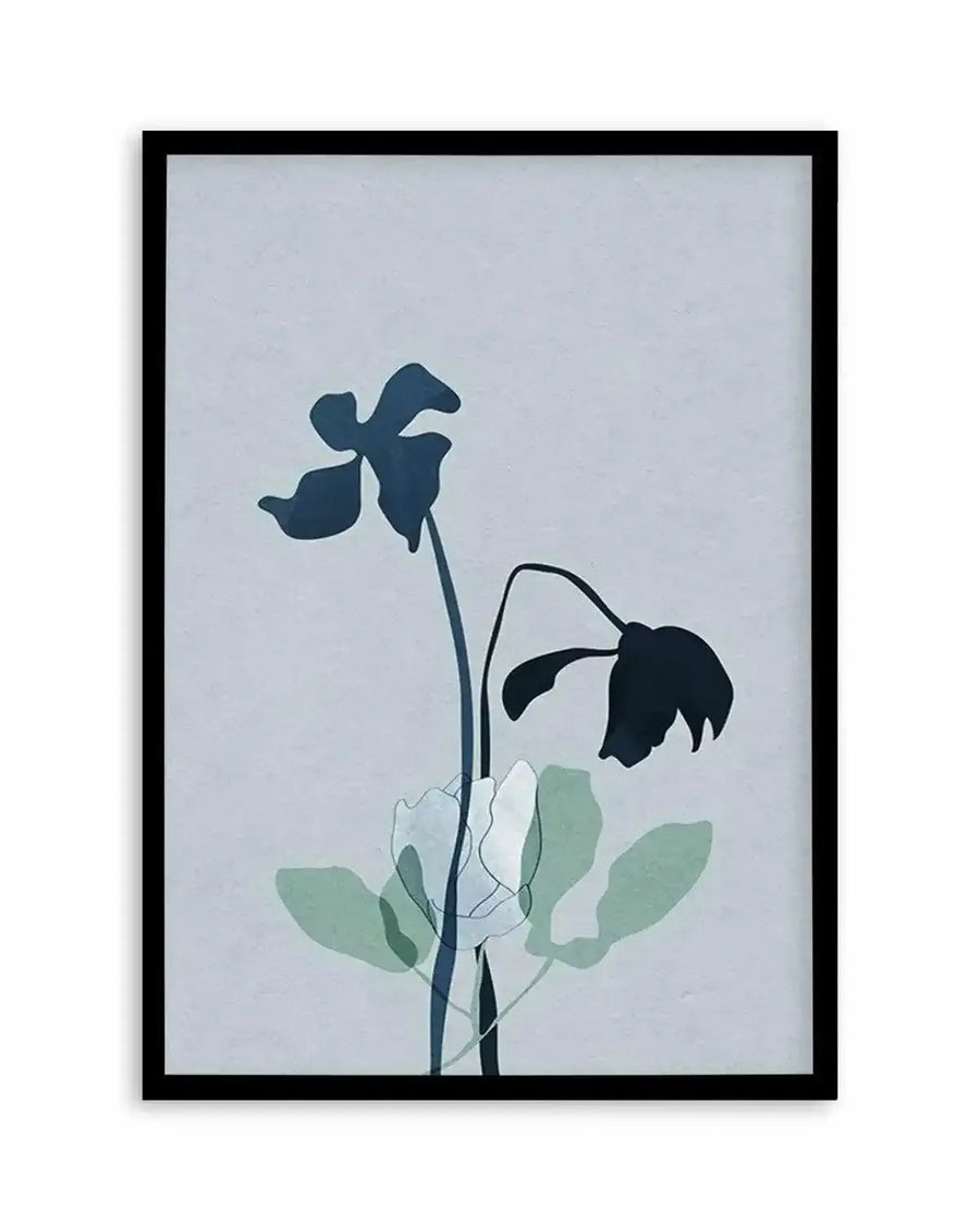 Framed art print featuring a minimalist botanical illustration of two flowering stems against a pale blue background. The flowers are rendered in dark navy silhouette, while the leaves below are painted in soft sage green watercolor. One flower blooms upright with delicate petals, while the second droops downward. The artwork is displayed in a black frame with a white border, creating a clean, contemporary aesthetic.