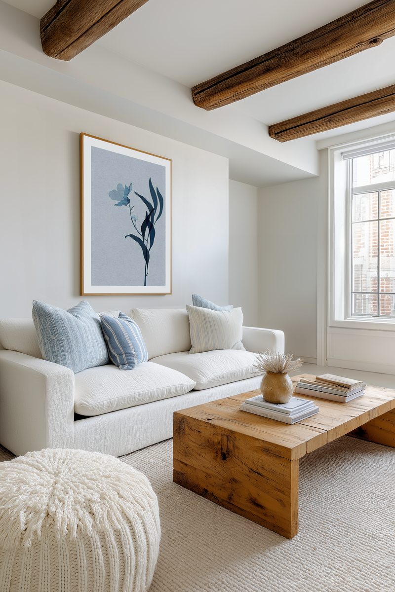 Lifestyle shot of a minimalist living room featuring a large framed art print displayed above a white sofa. The print features a delicate blue flower with slender dark blue leaves on a muted light blue background, with a natural wood frame and white border. The room includes a chunky knit cream pouf, a rustic wooden coffee table with books and a vase of dried grasses, and light blue striped throw pillows on the sofa.