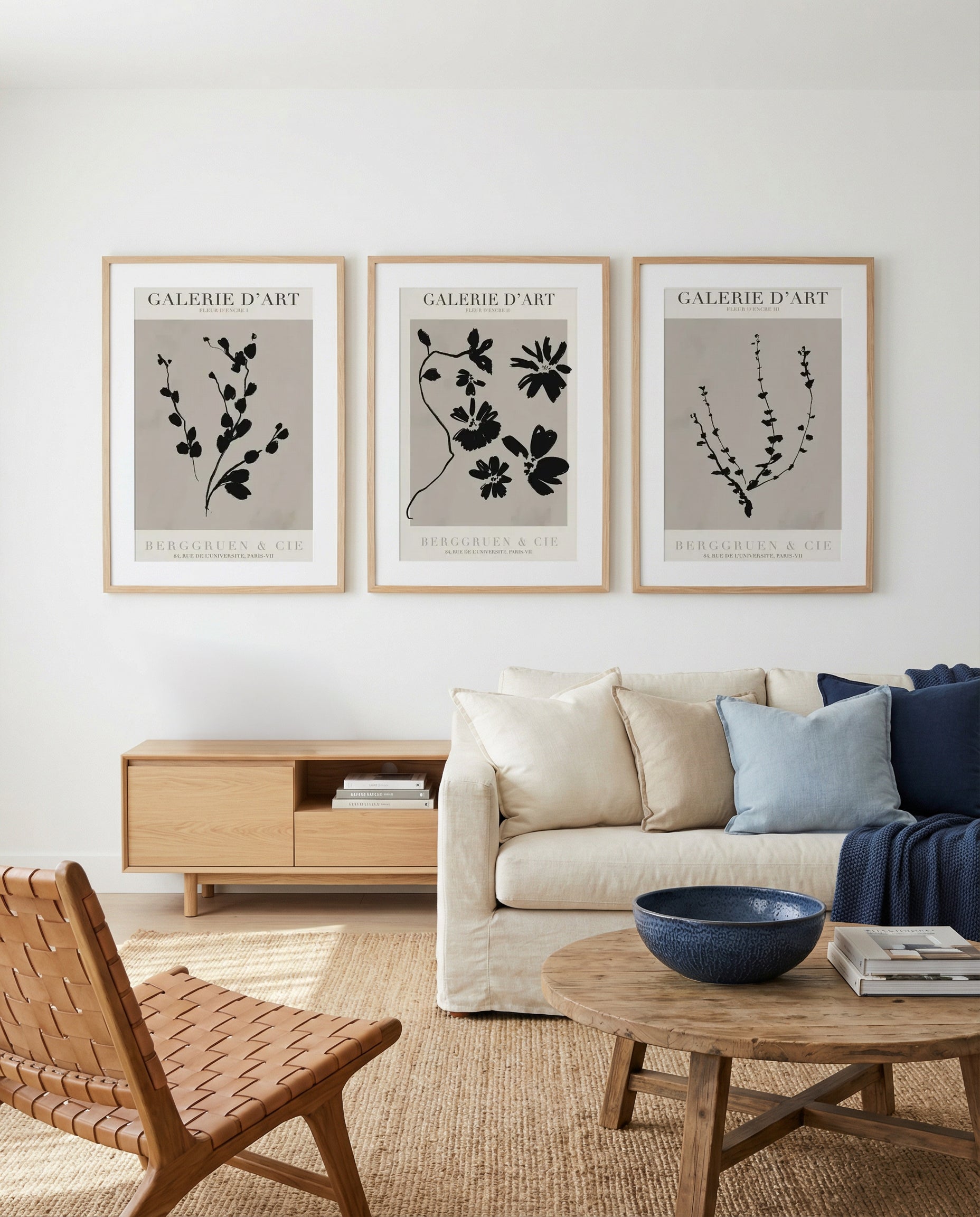 Fleur D'Encre I, II & III | 3 Piece Wall Art Set in Black and Brown art print oak frame with white border