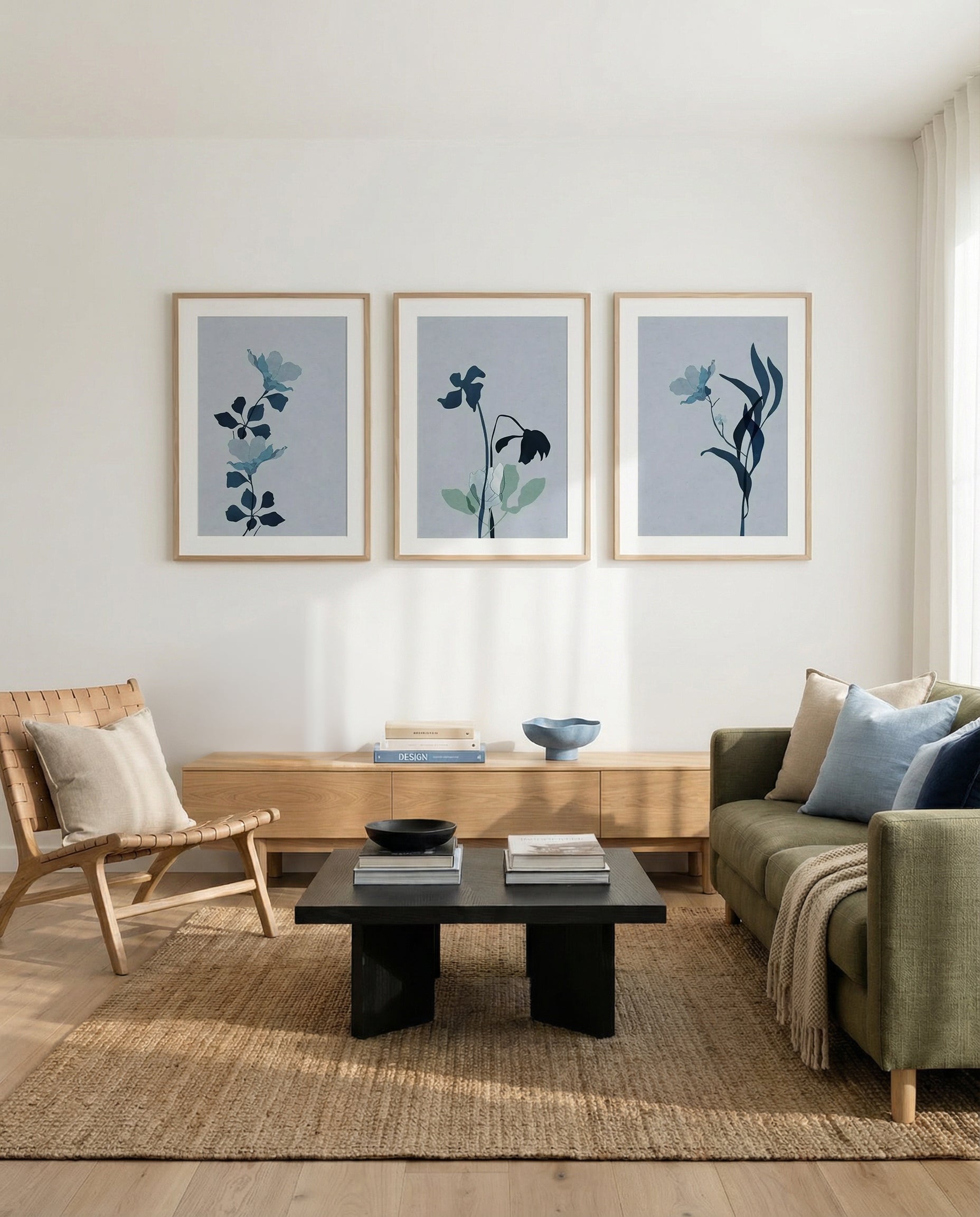 Fleur Graphique Blue I, II & III | 3 Piece Wall Art Set in Blue art print oak frame with white border