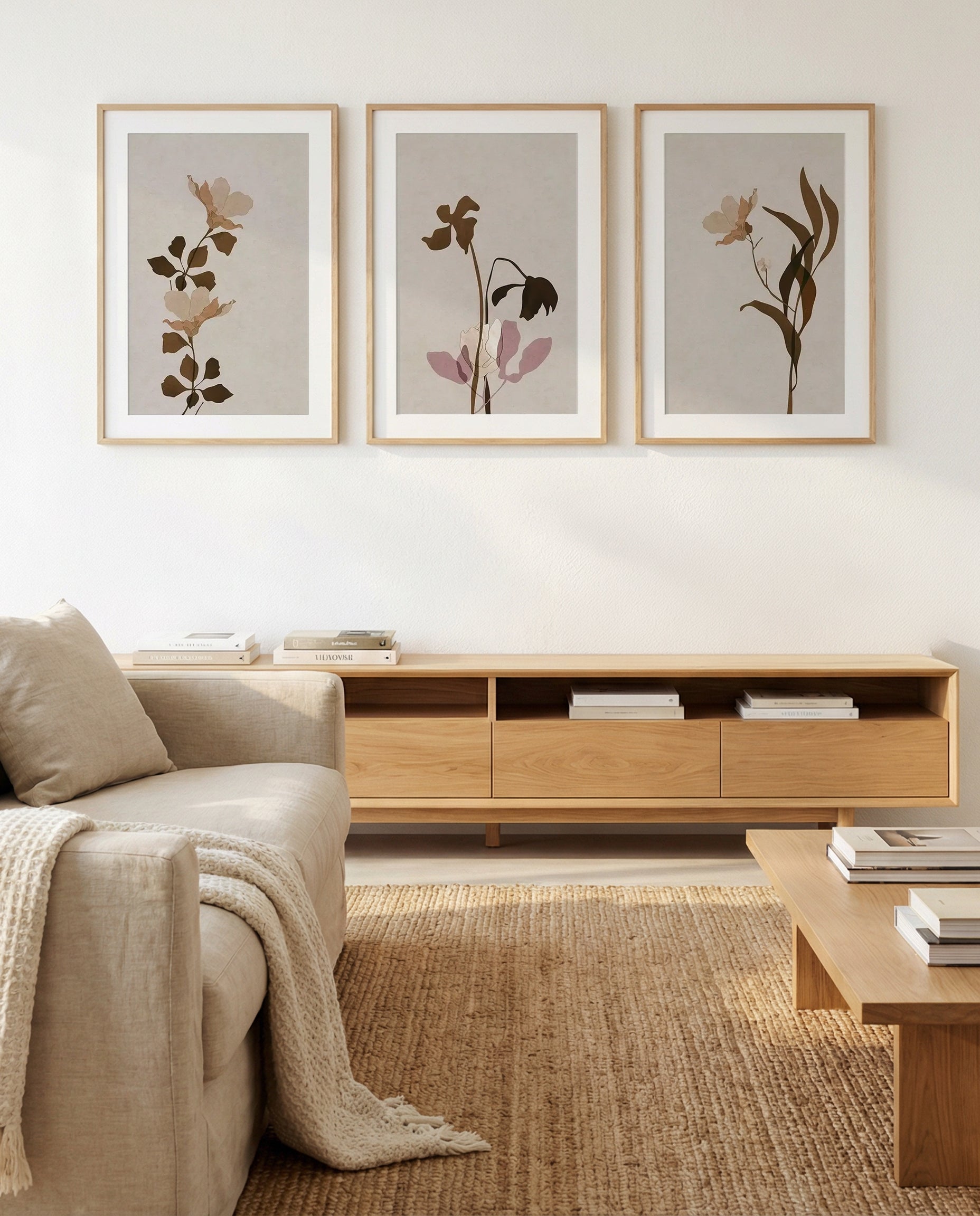 Fleur Graphique Brown I, II & III | 3 Piece Wall Art Set in Brown art print oak frame with white border