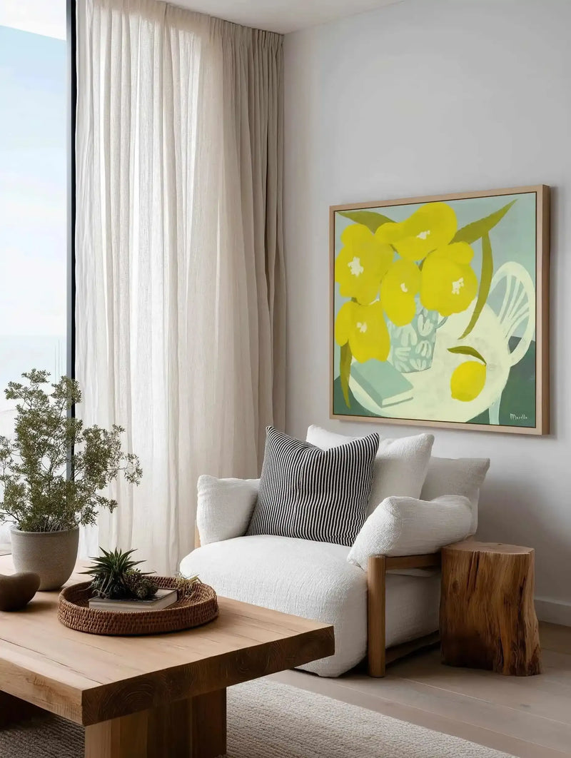 Fleurs Citron Et Livre Still Life by Marco Marella | Framed Canvas Art Print from Olive et Oriel where you can shop wallpaper and artworks online
