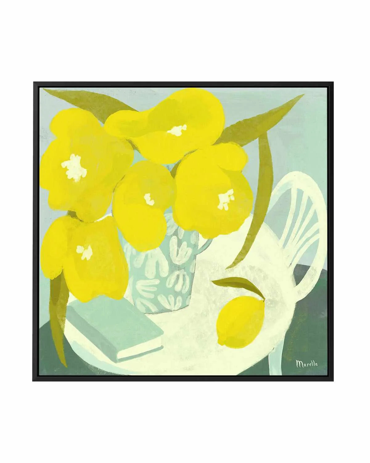 Fleurs Citron Et Livre Still Life by Marco Marella | Framed Canvas Art Print from Olive et Oriel where you can shop wallpaper and artworks online
