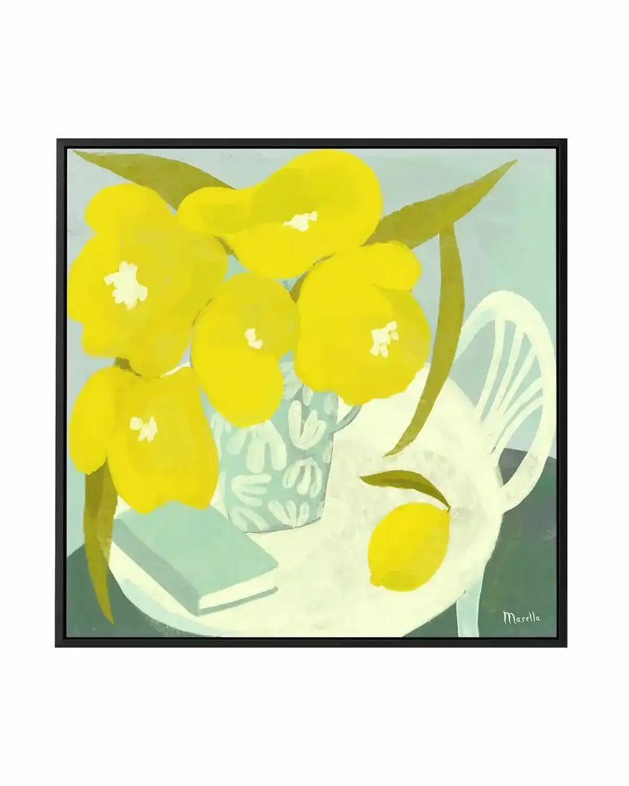Fleurs Citron Et Livre Still Life by Marco Marella | Framed Canvas Art Print from Olive et Oriel where you can shop wallpaper and artworks online