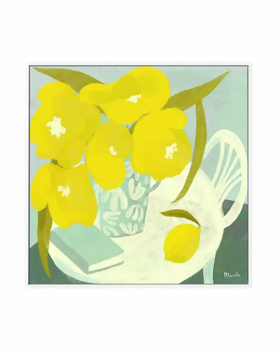 Fleurs Citron Et Livre Still Life by Marco Marella | Framed Canvas Art Print from Olive et Oriel where you can shop wallpaper and artworks online