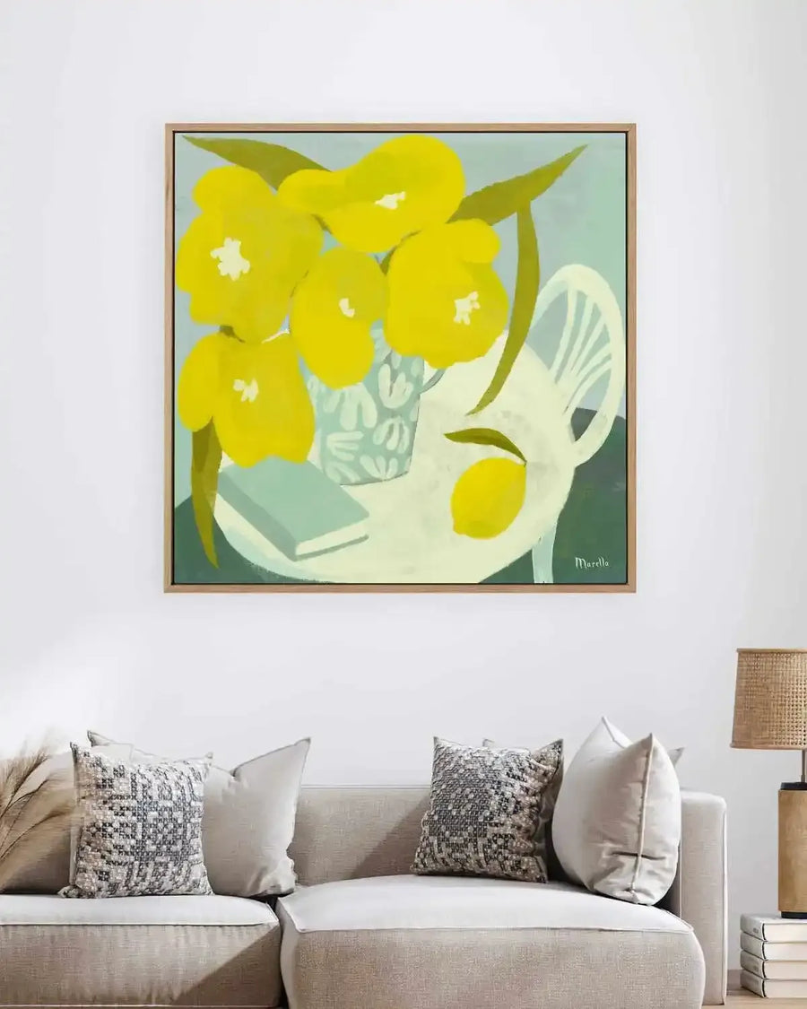 Fleurs Citron Et Livre Still Life by Marco Marella | Framed Canvas Art Print from Olive et Oriel where you can shop wallpaper and artworks online