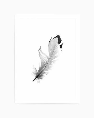 Black and white photograph of a single feather with dark quill and shaft, positioned diagonally against a white background. The feather displays fine barbs and delicate texture with subtle gray tones throughout. The composition is minimalist and centered slightly right, presented as a framed art print with a light gray border visible on the left and bottom edges.