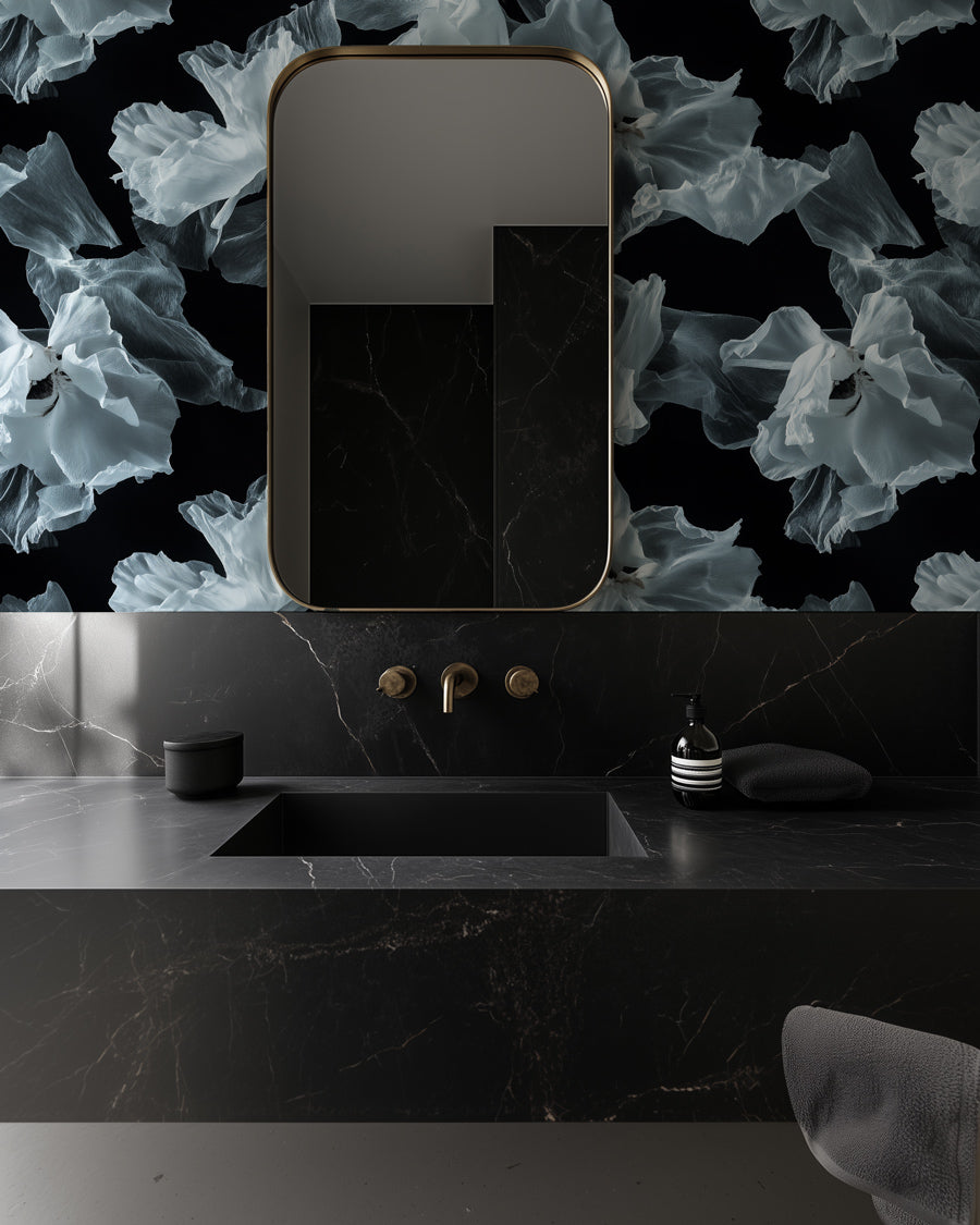 Floating White Floral Wallpaper from Olive et Oriel where you can shop wallpaper and artworks online