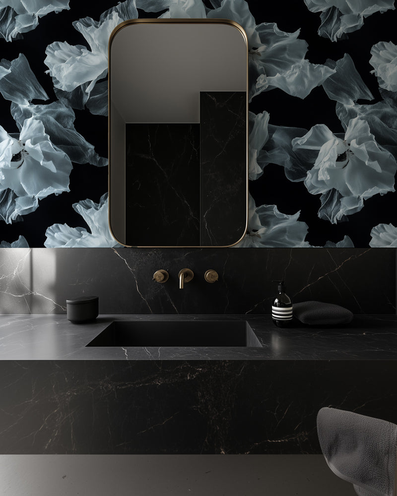 Floating White Floral Wallpaper from Olive et Oriel where you can shop wallpaper and artworks online