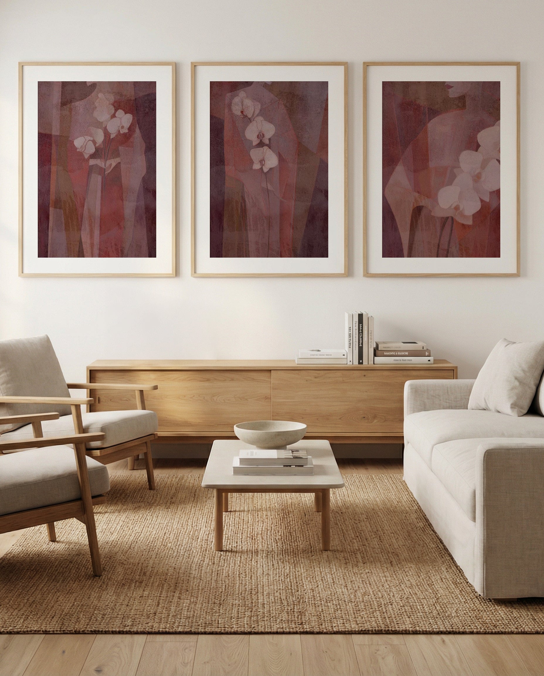 Floral Muse I, II & III | 3 Piece Wall Art Set in Red abstract art print oak frame with white border