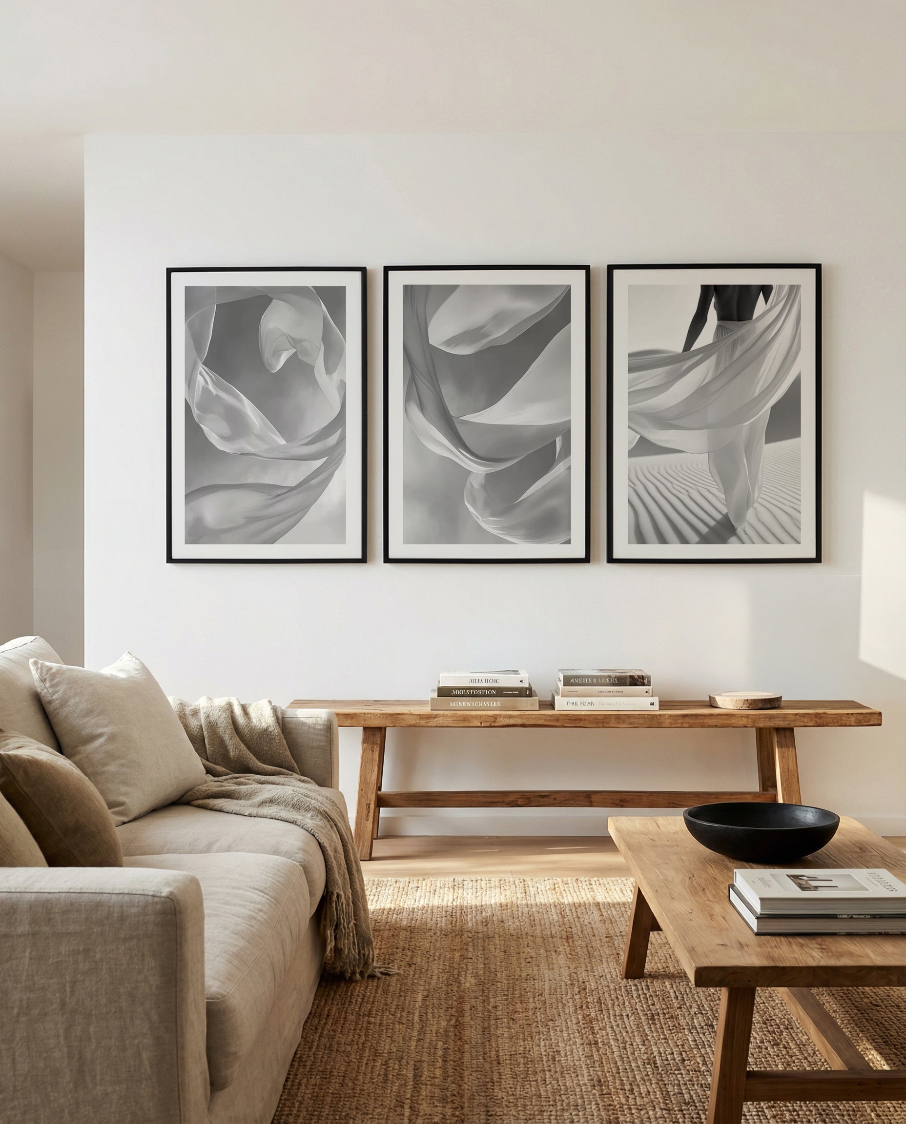 Flow I, II & III | 3 Piece Wall Art Set in Black and White art print oak frame with white border