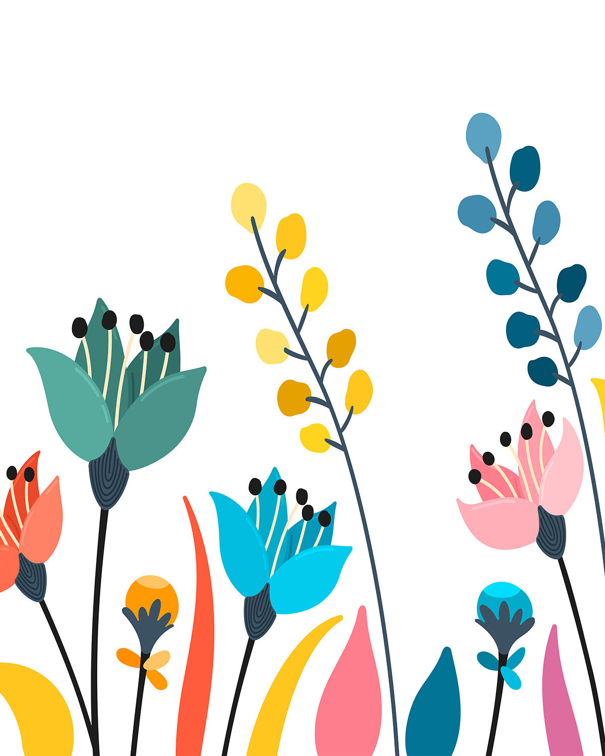 Flower Garden Mural in Blue & Yellow Commercial Vinyl Wallcovering