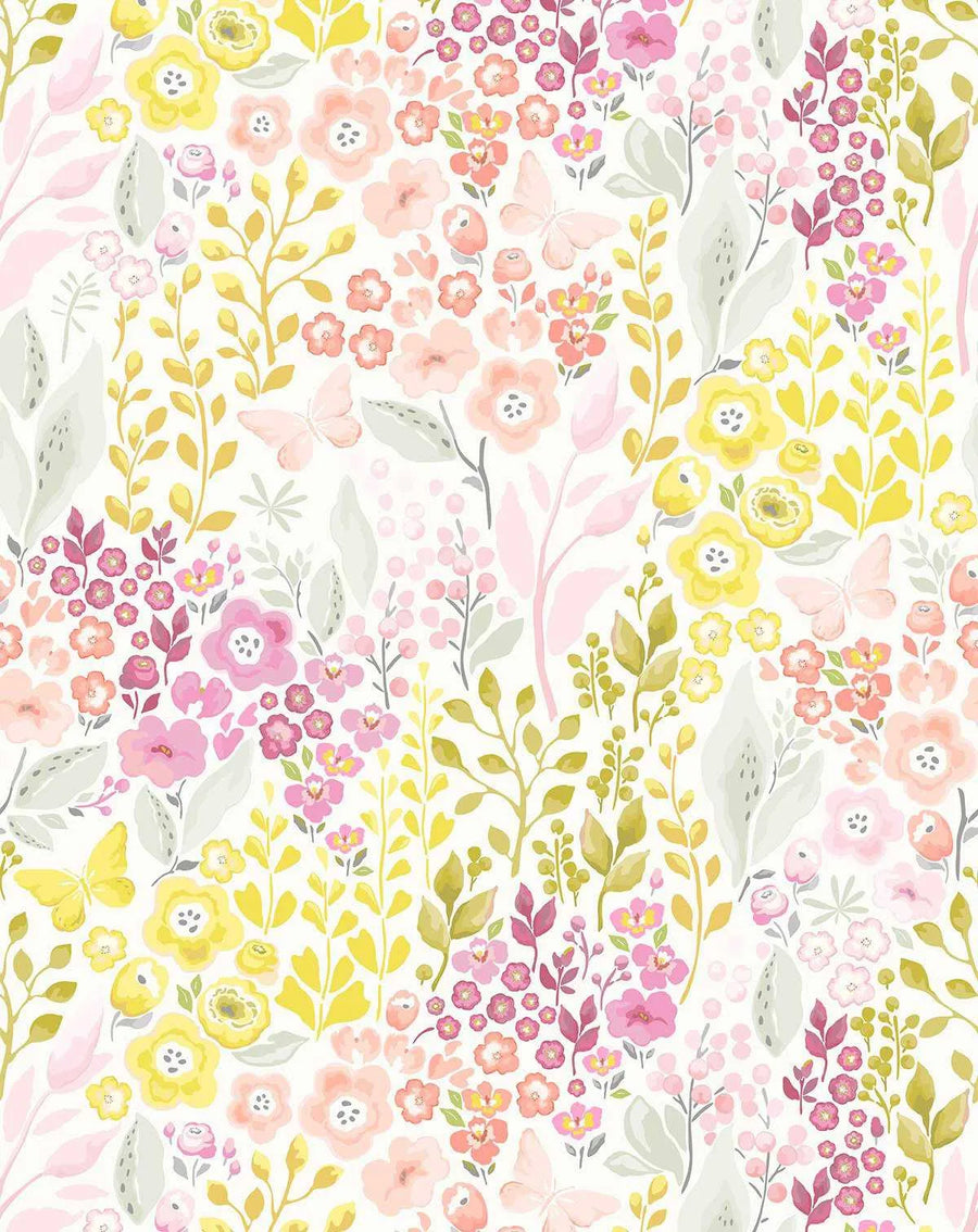 Peel and stick wallpaper featuring a repeating pattern of hand-painted wildflowers and butterflies in soft shades of blush pink, coral, sunny yellow, and fuchsia on a crisp white background. The botanical design has a loose, organic watercolour quality with visible brushstroke texture, depicting various floral clusters, individual blooms, delicate leaves in sage green, and scattered butterflies.