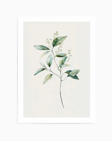 Watercolour art print featuring a single delicate botanical stem with multiple oval-shaped leaves in varying shades of sage green and soft blue-green, with small white floral clusters, on a warm cream background.