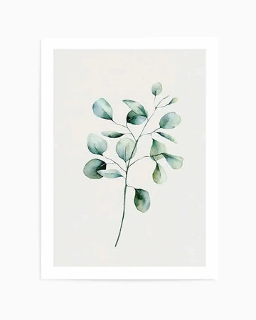 Watercolour art print featuring a single eucalyptus branch with round, muted sage green and dusty olive leaves on a soft white background, printed on fine art paper and displayed in a white frame with white border.