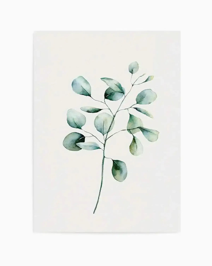 Watercolour art print featuring a single eucalyptus branch with multiple round leaves in shades of muted sage green and dusty blue against a soft white background. The botanical design has a loose, organic quality with visible brushstroke texture.