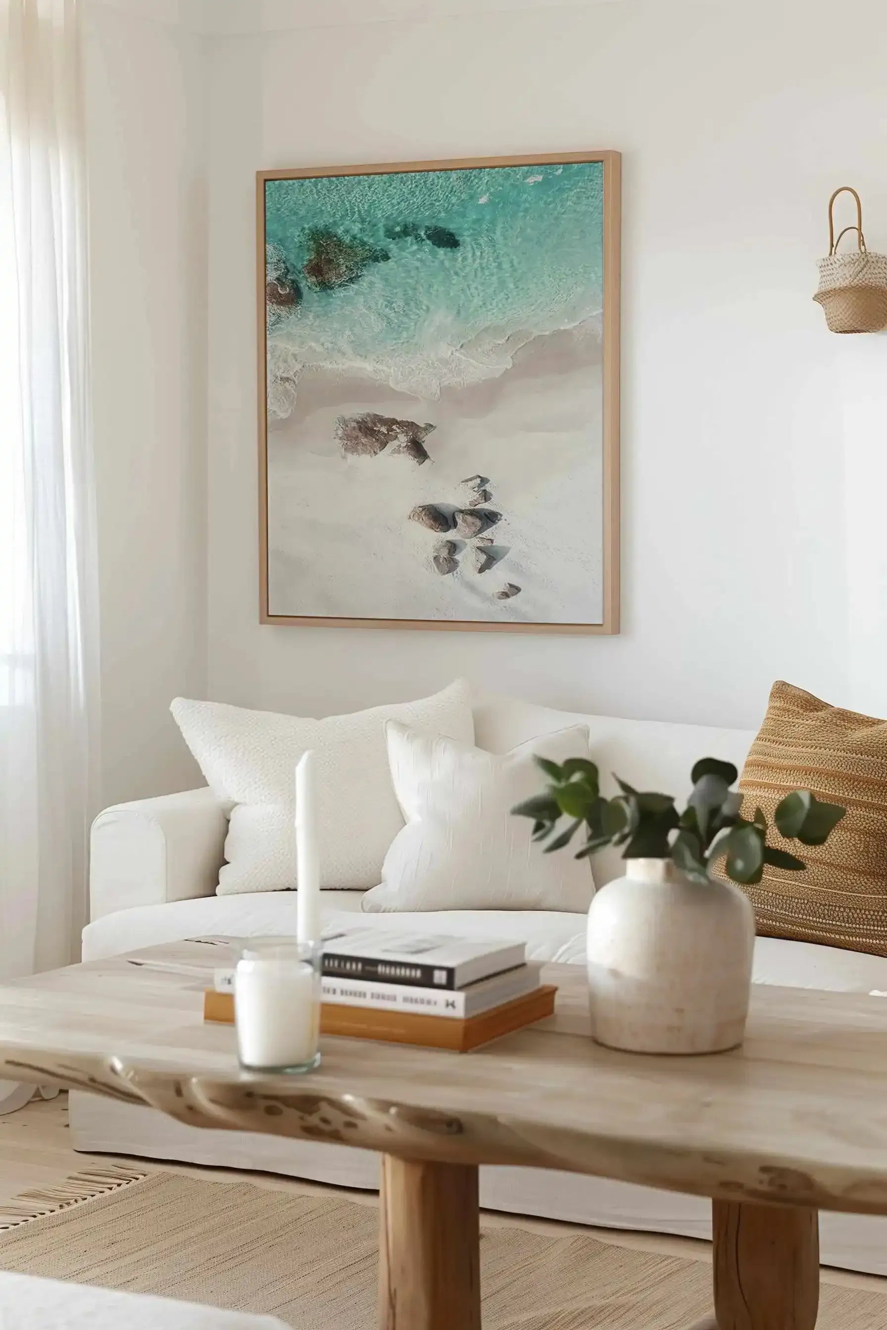 Footprints in the Sand Lights Beach, Denmark | Aerial Photo Wall Framed Canvas Art Print from Olive et Oriel where you can shop wallpaper and artworks online