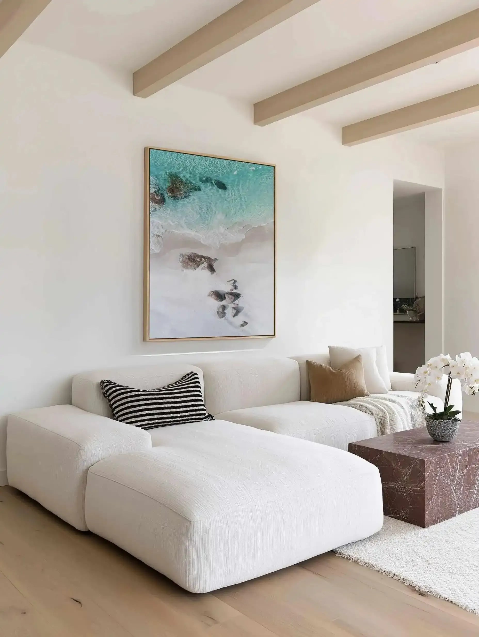 Footprints in the Sand Lights Beach, Denmark | Aerial Photo Wall Framed Canvas Art Print from Olive et Oriel where you can shop wallpaper and artworks online