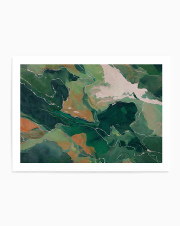 Abstract aerial map art print titled "Forest Vein I" featuring organic, flowing shapes in deep forest green, sage green, cream, and burnt orange tones. White curved lines trace through the composition like natural pathways or waterways. The painterly style uses visible brushstrokes creating a textured, oil-painted appearance. The artwork is matted with a clean white border and displayed as a framed print against a light background.