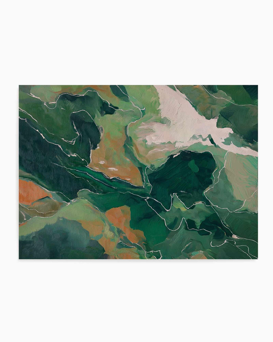 Abstract painted map of Indonesia and surrounding Southeast Asian region with layered brushstrokes in forest green, deep teal, muted olive, warm terracotta, and cream tones. White outlines define country and regional boundaries. The composition features organic, flowing brushwork creating a textured, impressionistic appearance with visible paint strokes throughout. Unframed art print displayed against white background.