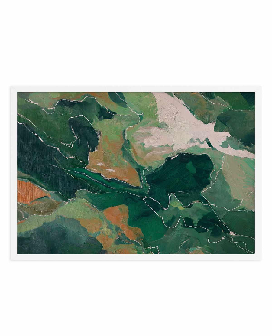 Abstract aerial landscape art print featuring organic, flowing shapes in forest green, sage green, and dark teal, with warm ochre and burnt orange accents. White boundary lines outline irregular regions resembling natural terrain or watershed patterns. The composition has a painterly quality with visible brushwork and blended tones creating depth. Displayed in a white frame with white border against a light background.