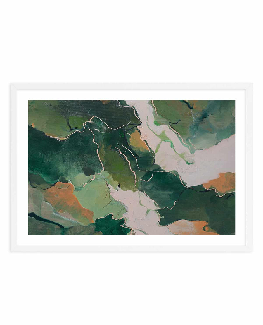 Abstract aerial landscape art print titled "Forest Vein II" featuring organic flowing patterns in forest green, sage green, and cream tones with burnt orange accents. The composition resembles an overhead view of waterways or natural terrain with sinuous lines creating divisions between colored sections. Painted in soft, blended brushstrokes with a watercolor-like quality. The artwork is mounted in a white frame with white border.