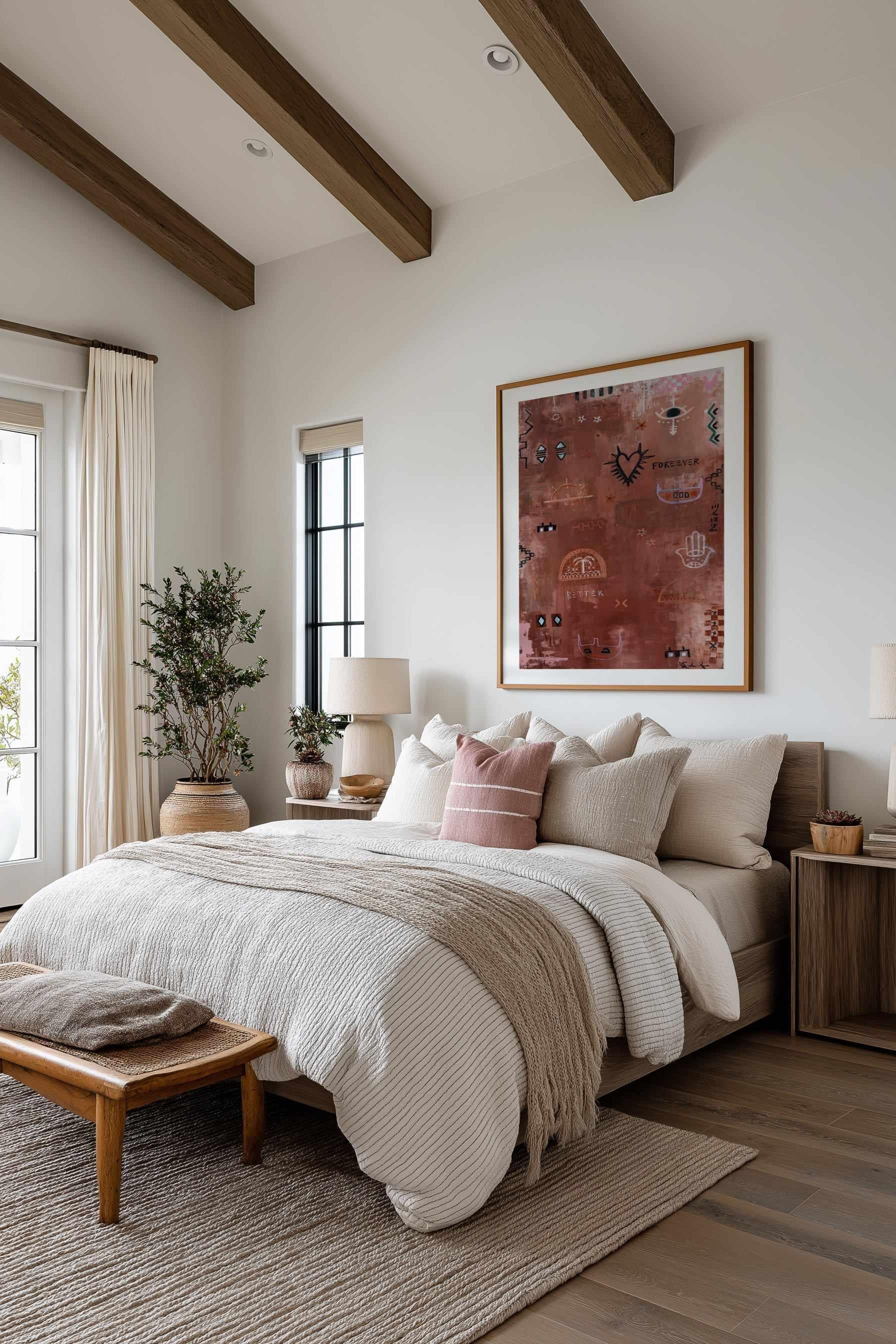 Jackie Green burgundy toned abstract canvas art print in a cozy bedroom with a bed, side tables, and decorative elements.