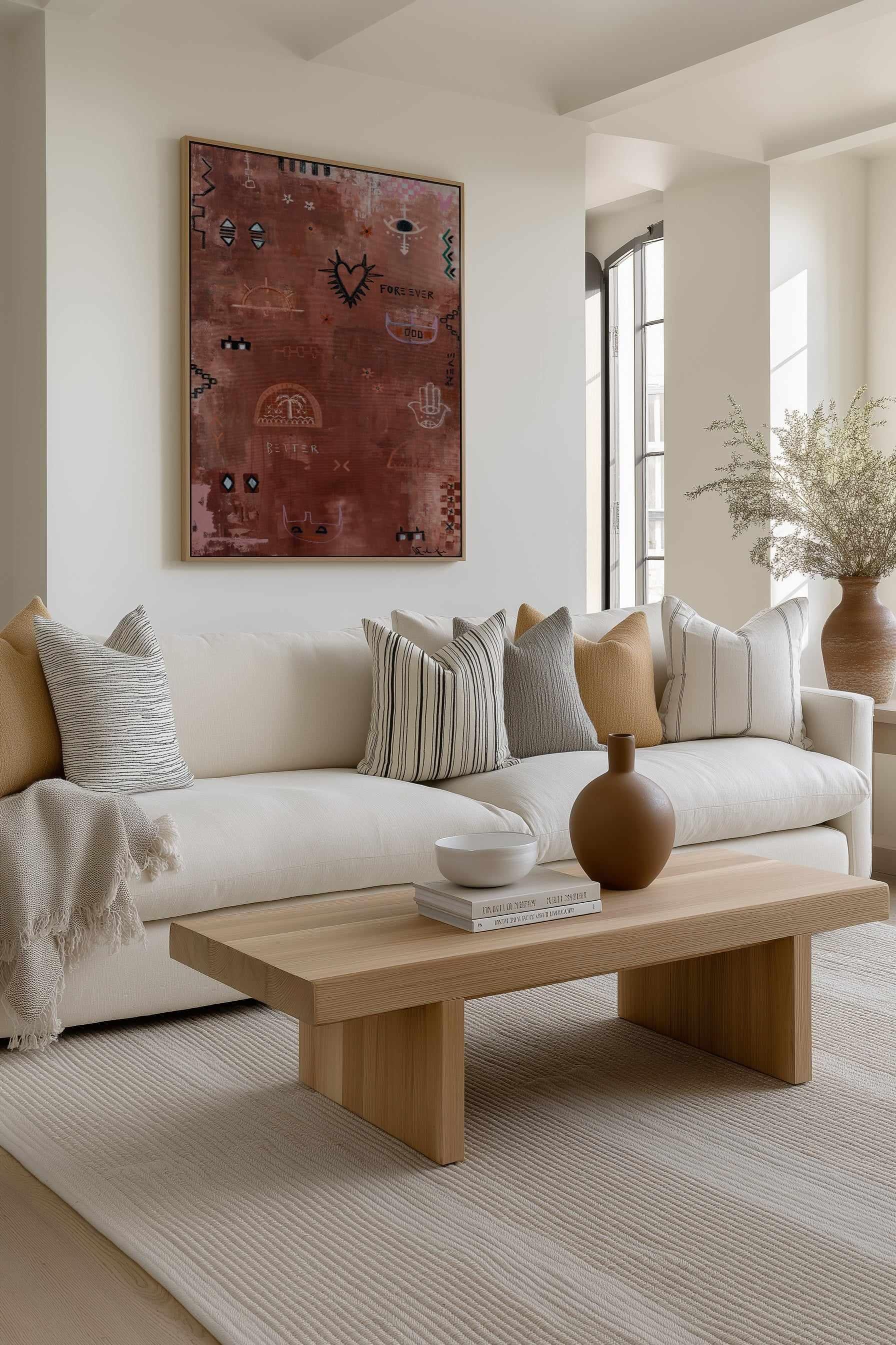 Jackie Green burgundy toned abstract canvas art print in a modern living room with a white sofa, wooden coffee table, and abstract art on the wall.