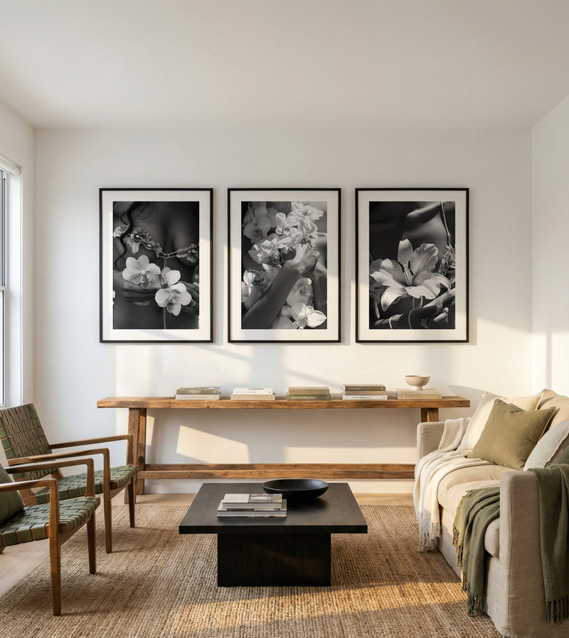 Forever Summer I, II & III | 3 Piece Wall Art Set in Black and White art print oak frame with white border