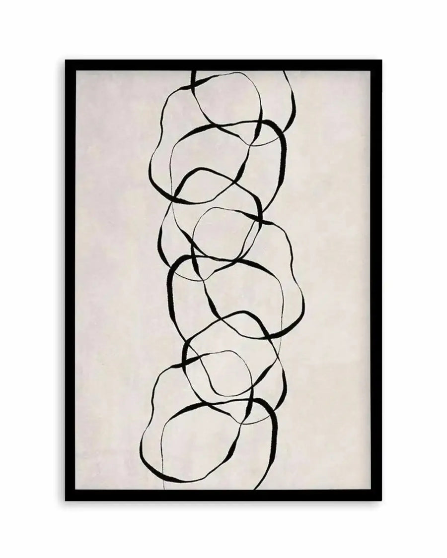 Forme D'objet I Art Print framed in black. The artwork features a vertical composition of seven stacked, organic rounded rectangular shapes rendered in black line drawings against a cream-colored background. Thin black curved lines interconnect the shapes, creating a flowing, continuous pattern that suggests movement or connection between forms. The print is displayed in a black frame with a white border.