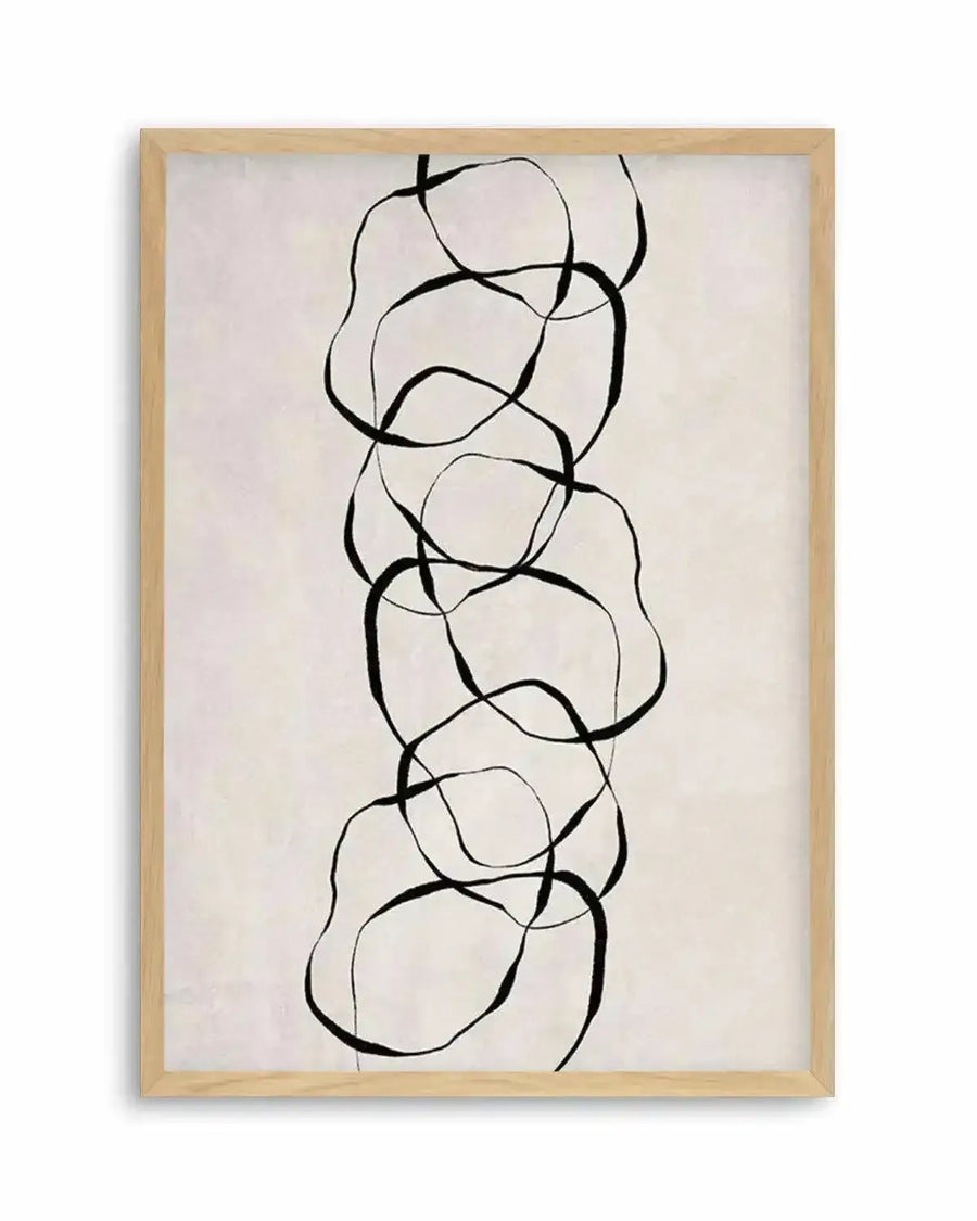 Framed art print featuring an abstract vertical composition of seven stacked rounded rectangular forms outlined in black ink on a cream-colored background. The organic shapes are connected by flowing black lines that weave through and around the forms, creating a continuous, interconnected pattern. The artwork is displayed in a natural wood frame with a white border.