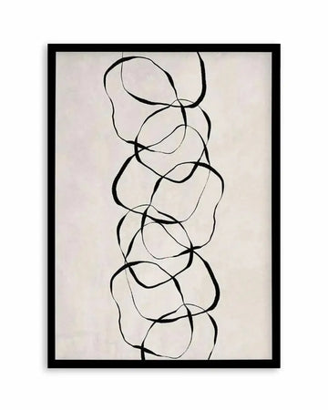 Abstract art print featuring a series of interconnected, organic black lines forming a vertical chain of irregular, rounded shapes against a textured, off-white background, displayed in a black frame with a white border.