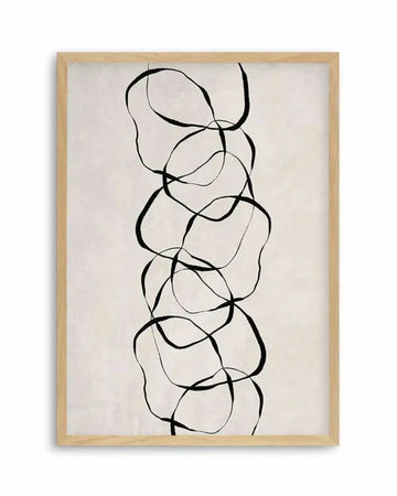 Abstract art print featuring a vertical column of interconnected, organic, and irregular black lines on a light cream background, creating a dynamic, fluid composition suggestive of stacked, flowing shapes. Printed on fine art paper and displayed in a natural oak frame with a white border.
