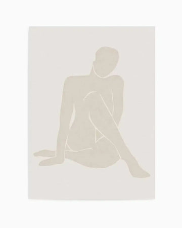 Minimalist line drawing art print featuring a seated female figure in a contemplative pose. The figure is rendered in soft beige and cream tones with delicate white outlines against a light gray background. The composition shows the woman with her head tilted, one leg extended and one bent, arms positioned thoughtfully. The style is abstract and gestural with a calm, meditative mood. The artwork uses subtle color gradations and clean linework typical of contemporary figurative illustration.