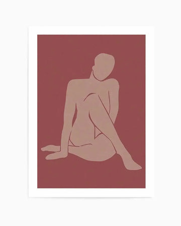 Art print featuring a minimalist illustration of a seated female figure in a relaxed pose, rendered in a soft, muted beige tone against a deep terracotta background. The figure's form is outlined with subtle curves, and her head is gently tilted downwards.