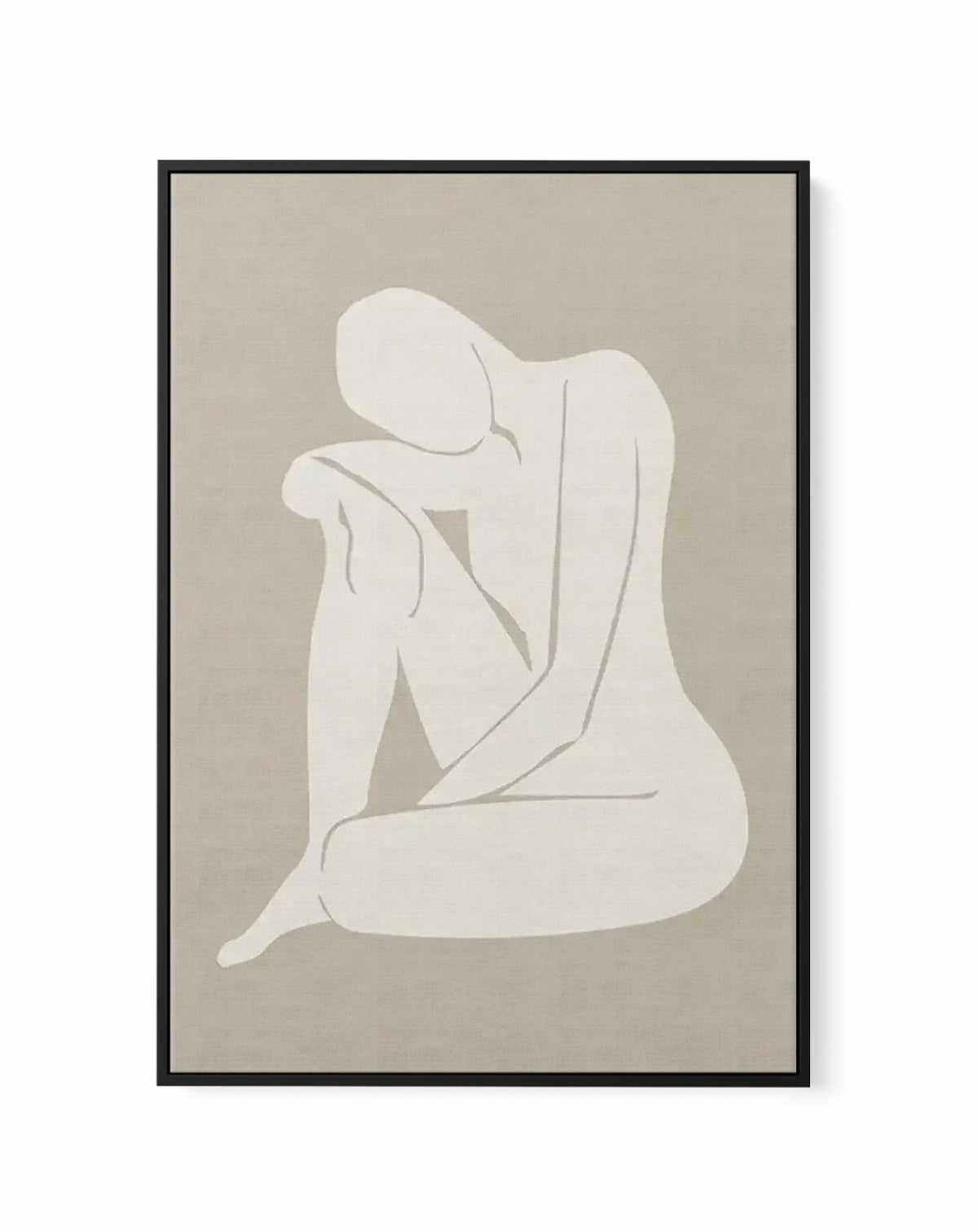 Framed canvas art print titled "Forme Feminine II" featuring a minimalist line drawing of a seated female figure in cream white against a warm beige background. The figure is rendered in a simplified, abstract style with graceful curved lines defining the contours of the body in a contemplative pose. The artwork is mounted in a black frame with a white border, creating a gallery-ready presentation on a neutral wall.