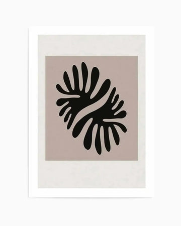 Abstract art print featuring two organic, amoeba-like shapes in solid black, interlocking and mirrored, against a muted taupe background, with a white border and white frame.