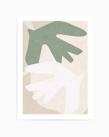 Abstract art print titled Formes D'oiseaux I featuring two stylized bird silhouettes in sage green and cream white against a soft beige background. The composition uses organic, curved shapes with minimal detail in a modern minimalist style. The artwork has a soft, matte finish with subtle texture reminiscent of watercolor or gouache painting. The print is displayed with a white border and white frame.