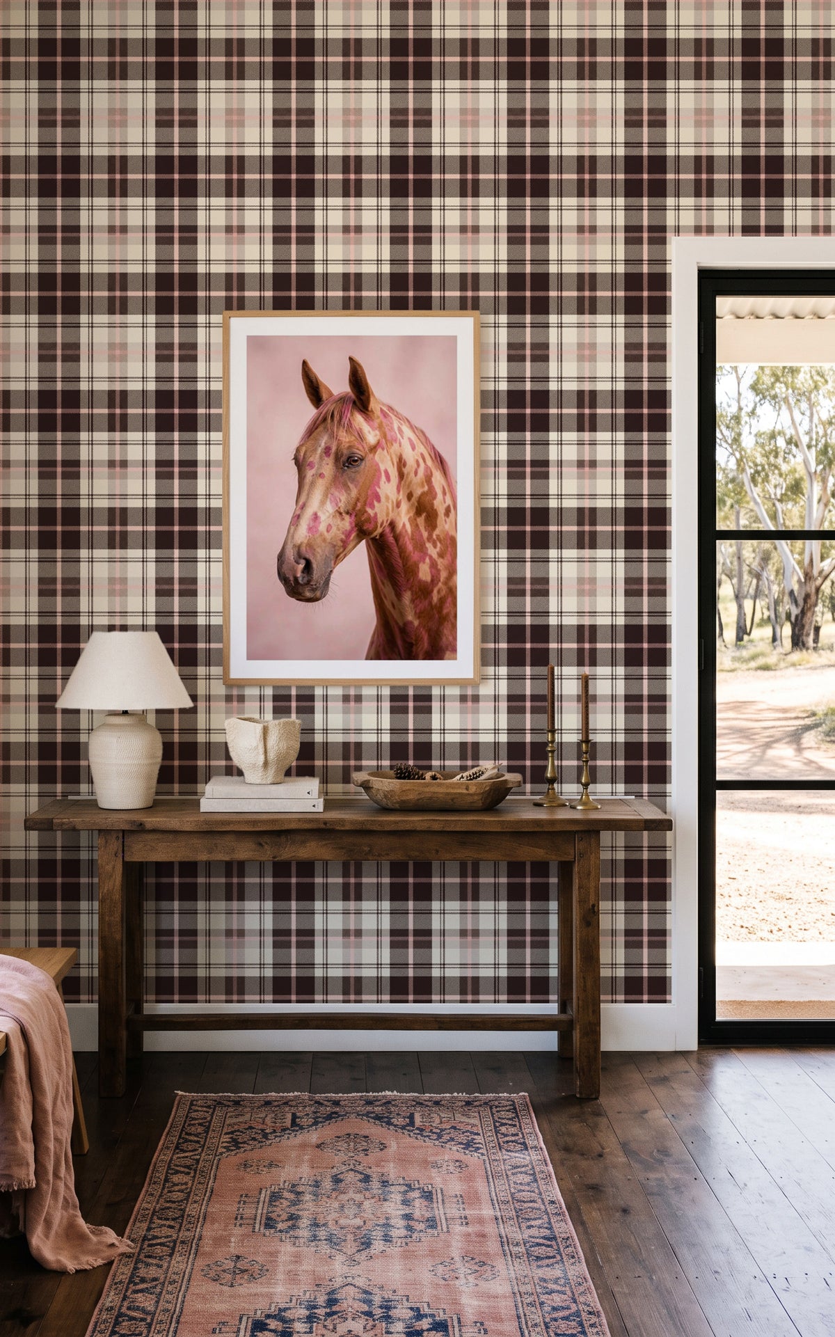 Foxwood Tartan in Brown & Pink Wallpaper