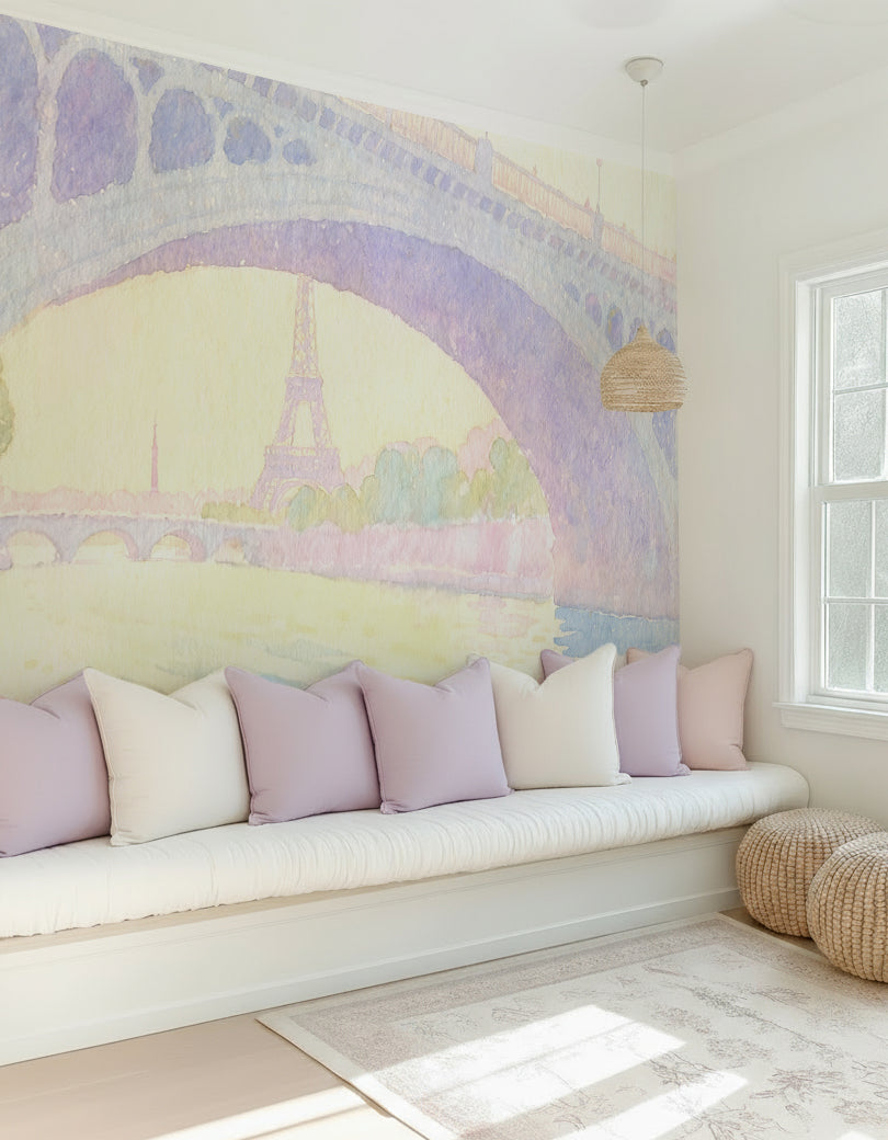 Paris in Pastel Watercolour Mural Wallpaper from Olive et Oriel where you can shop wallpaper and artworks online