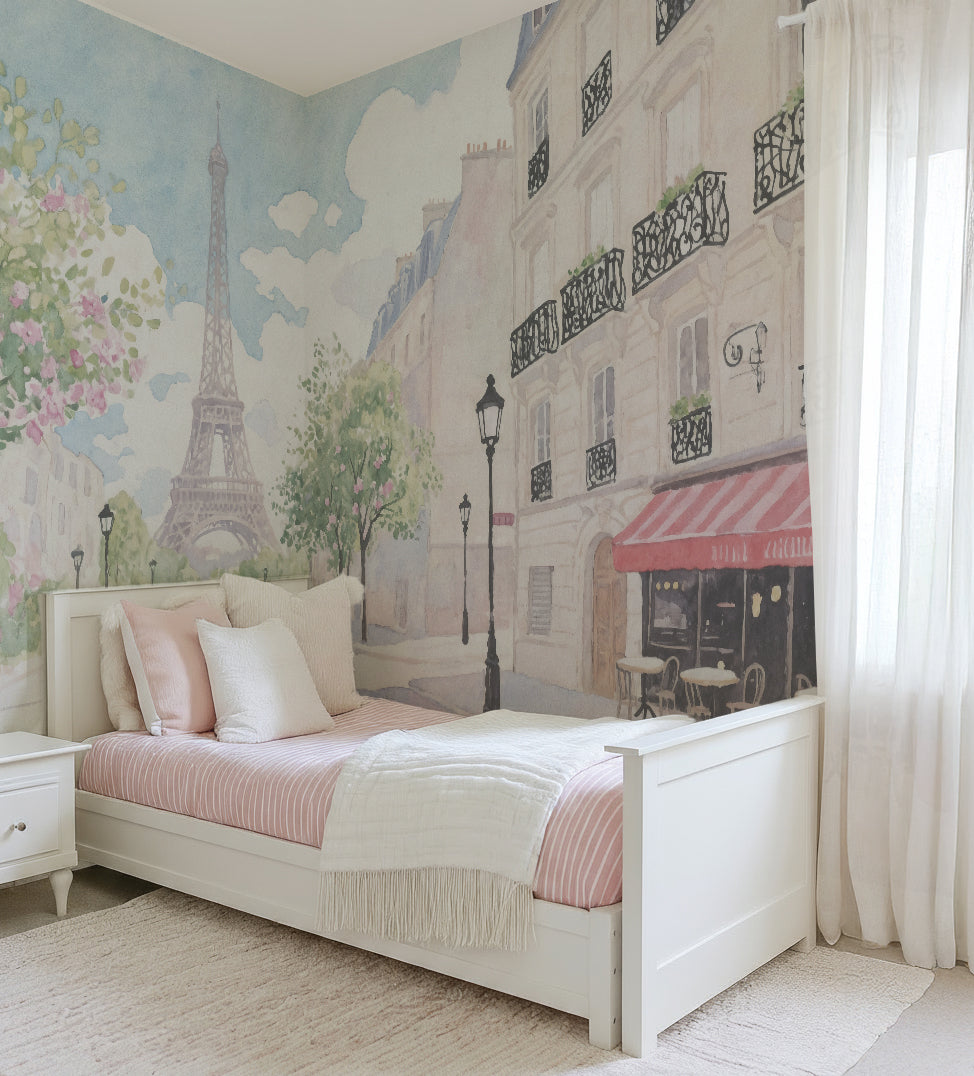 Parisian Streets in Watercolour Mural Wallpaper from Olive et Oriel where you can shop wallpaper and artworks online