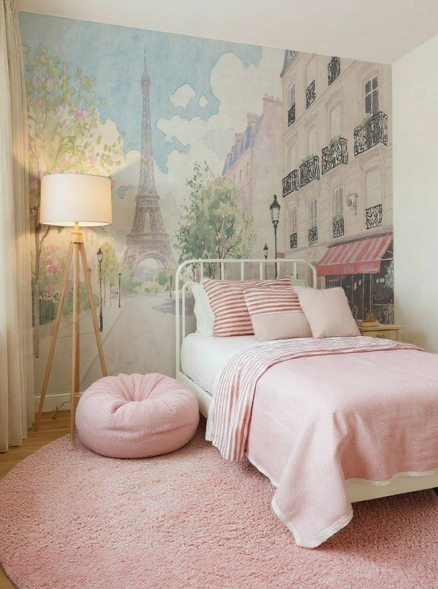 Parisian Streets in Watercolour Mural Wallpaper from Olive et Oriel where you can shop wallpaper and artworks online