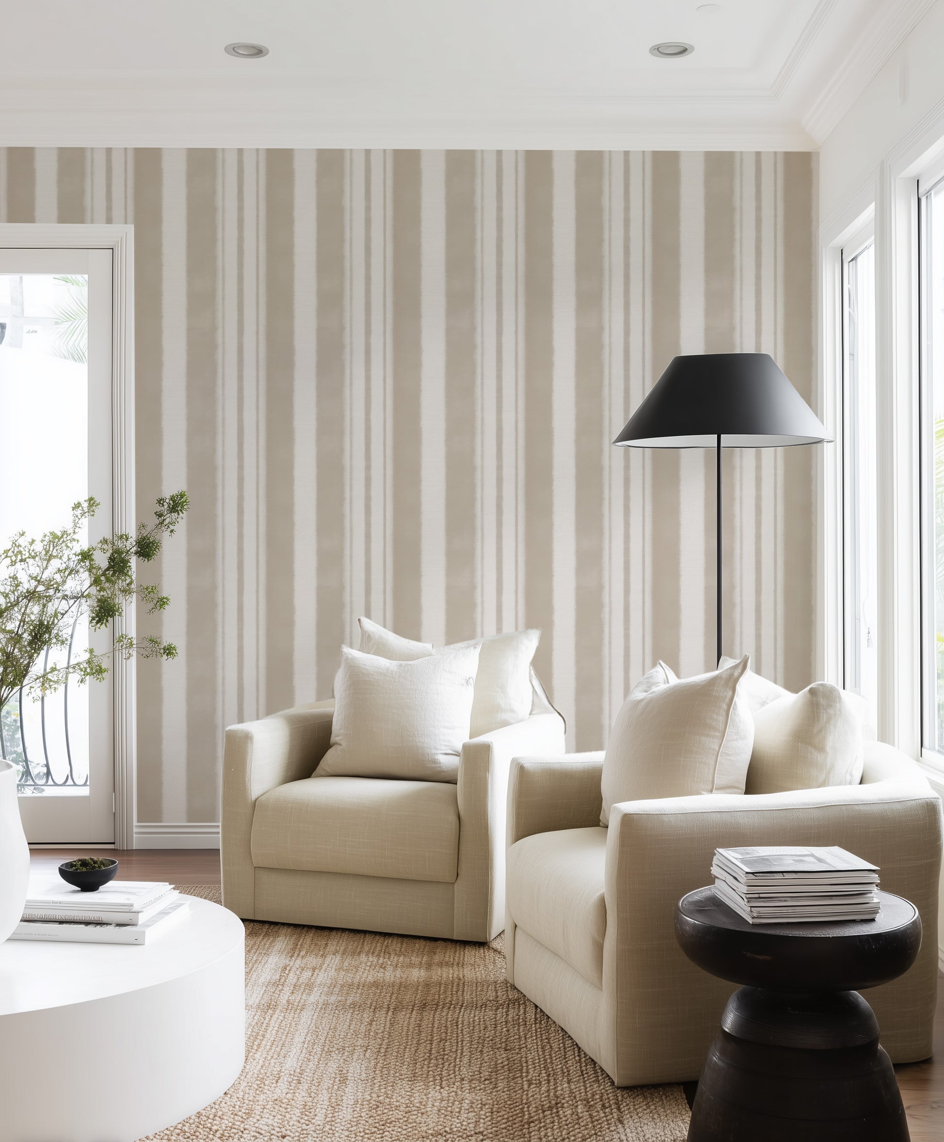 French Linen Stripe in Beige Wallpaper from Olive et Oriel where you can shop wallpaper and artworks online