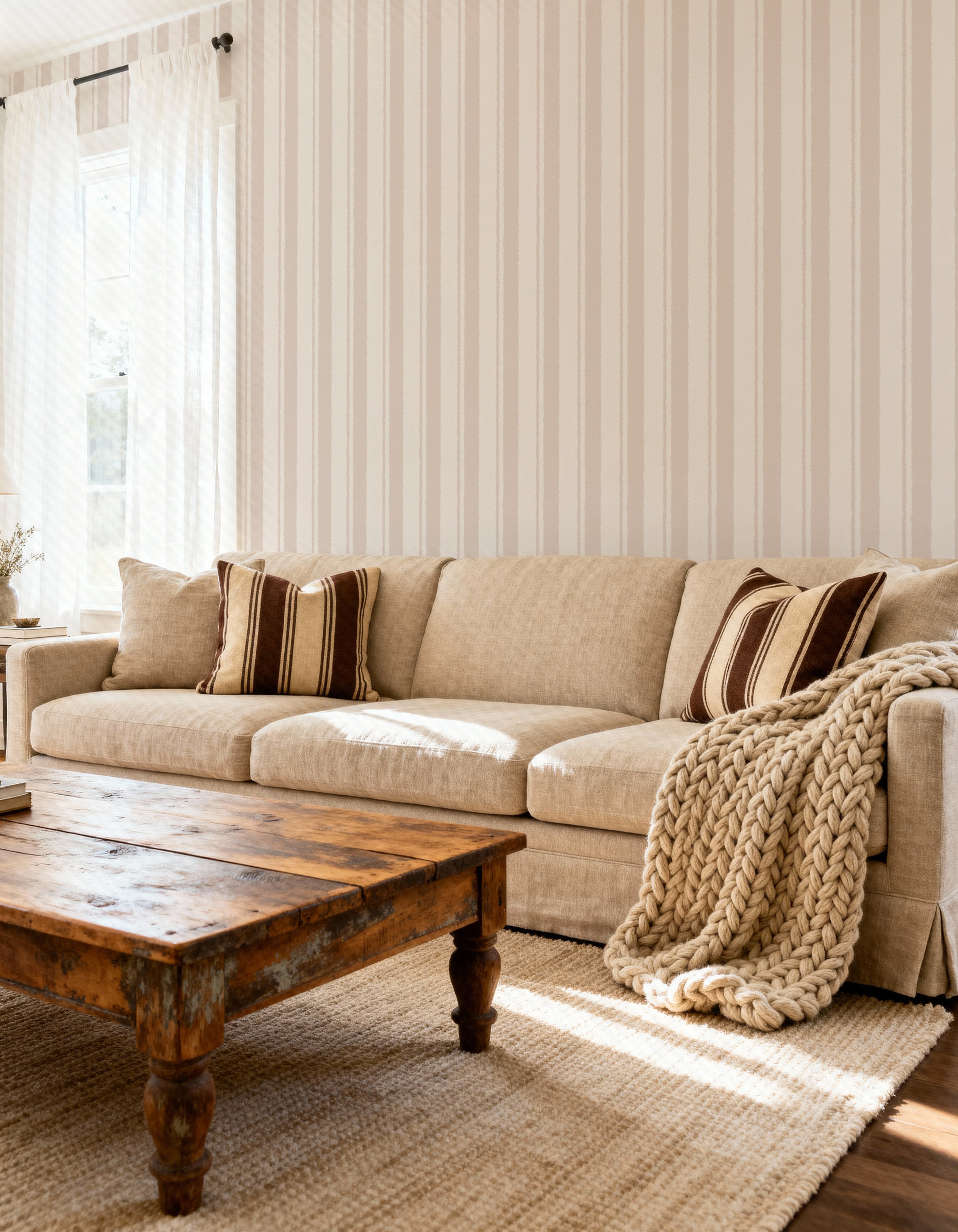 French Linen Stripe in Beige Wallpaper