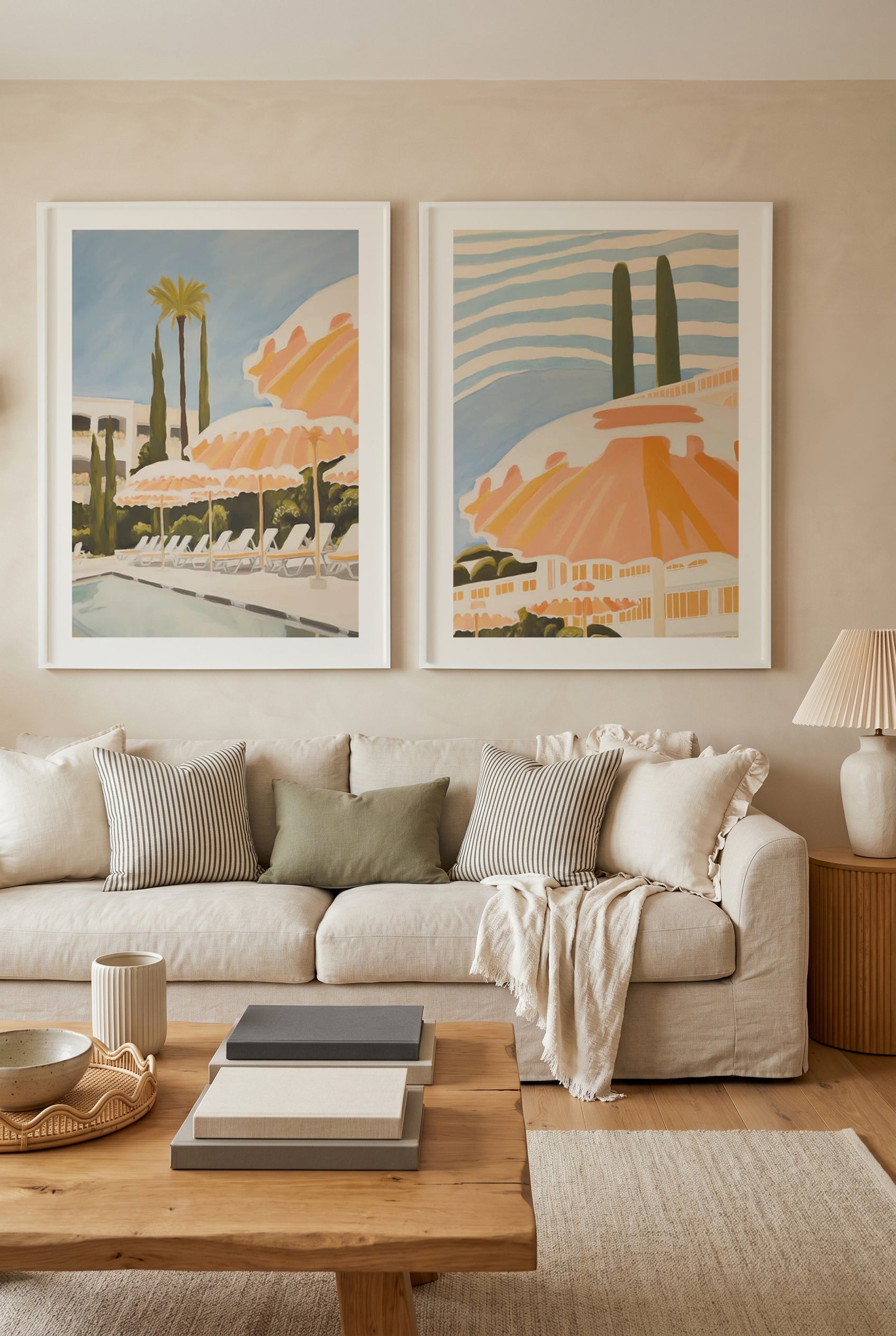French Riviera Umbrellas I & II Art Print Set of 2 | Matching Wall Art