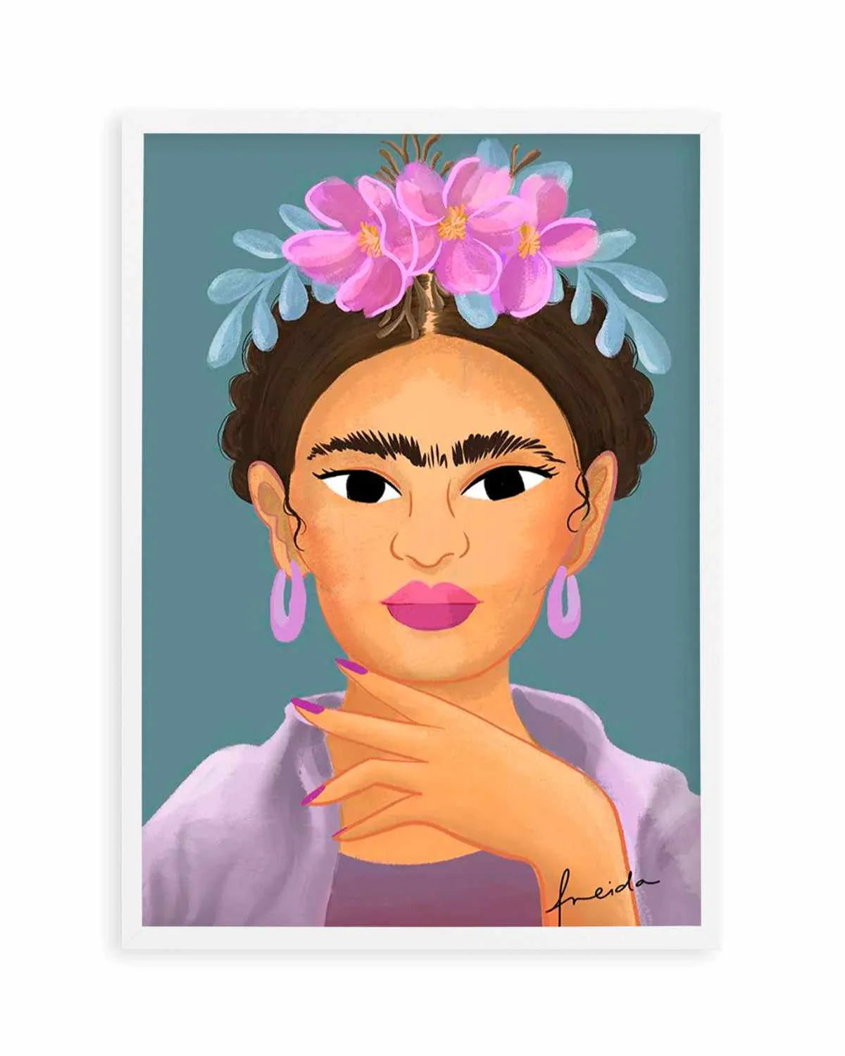 Frida Kahlo on Teal Art Print from Olive et Oriel where you can shop wallpaper and artworks online