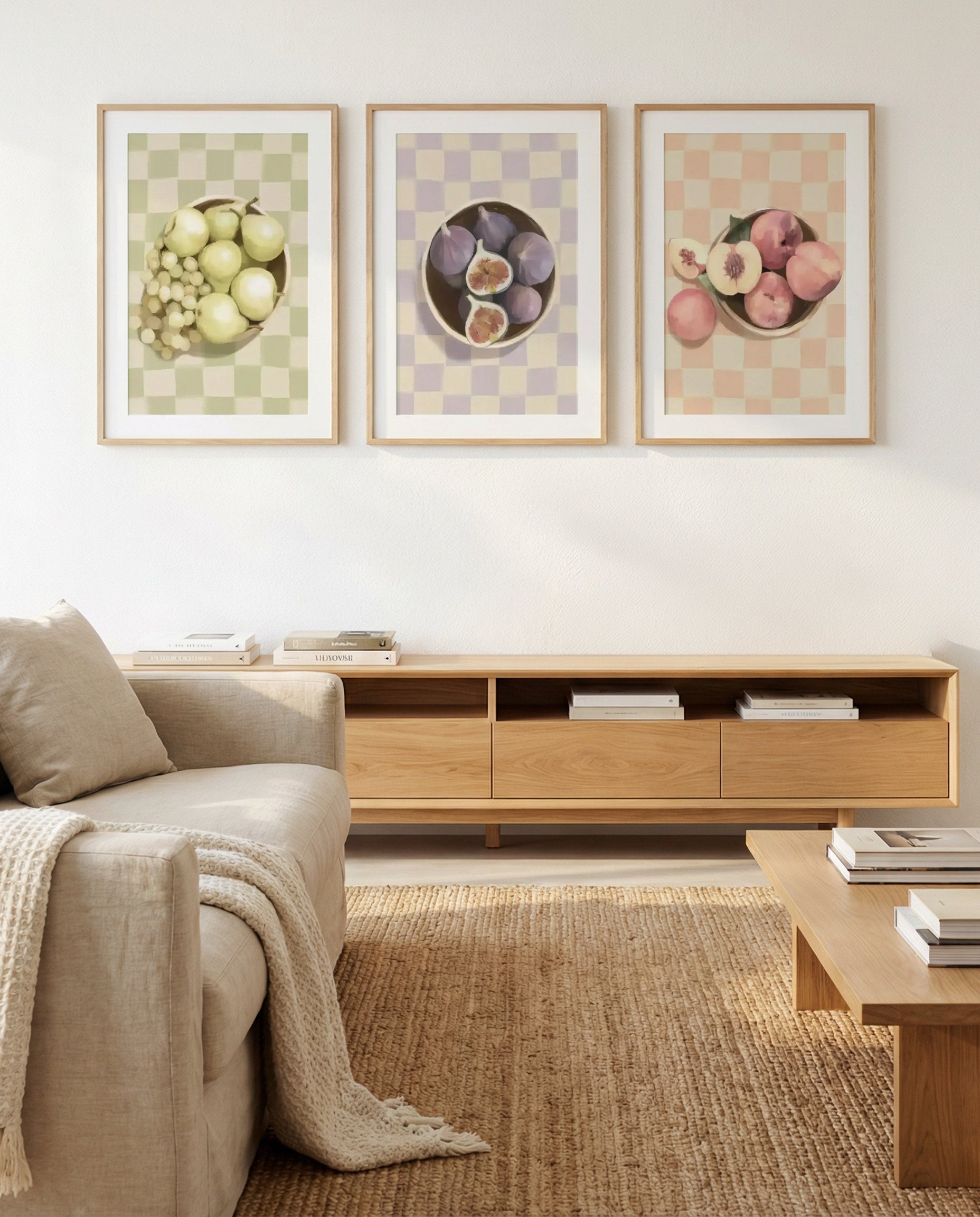 Fruit Bowl, Bowl of Figs & Simply Peachy on Check | 3 Piece Wall Art Set